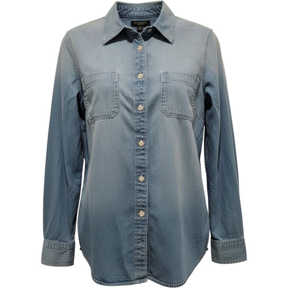 Lauren Ralph Lauren Denim Shirt Women Med Blue Pin Dot Chambray Roll Tab Vintage